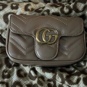 Gucci Small Matelassé Chevron Shoulder Bag in Taupe Brown with Gold GG
